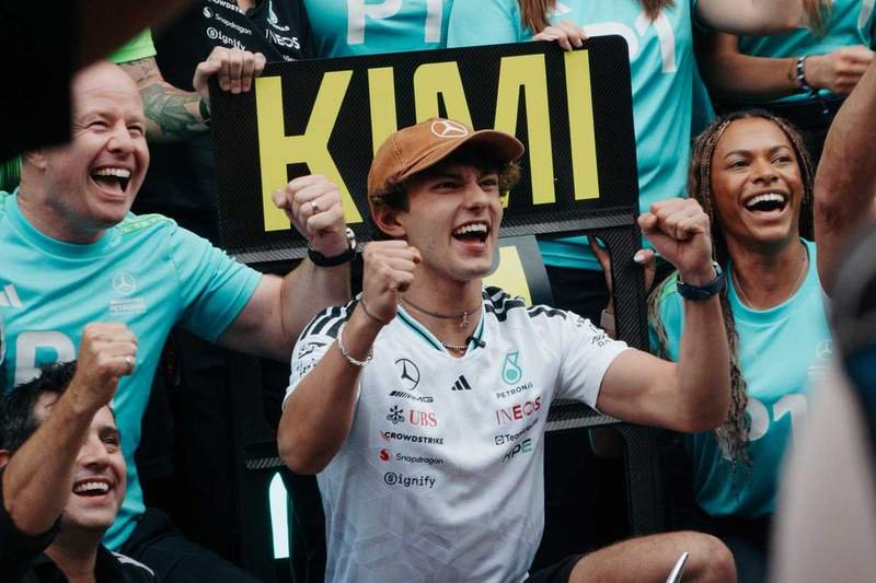 Mercedes driver Kimi Antonelli celebrates his U.S. Grand Prix win with his team. | Mercedes driver Kimi Antonelli celebrates his U.S. Grand Prix win with his team. | Photo by Amber Heckler