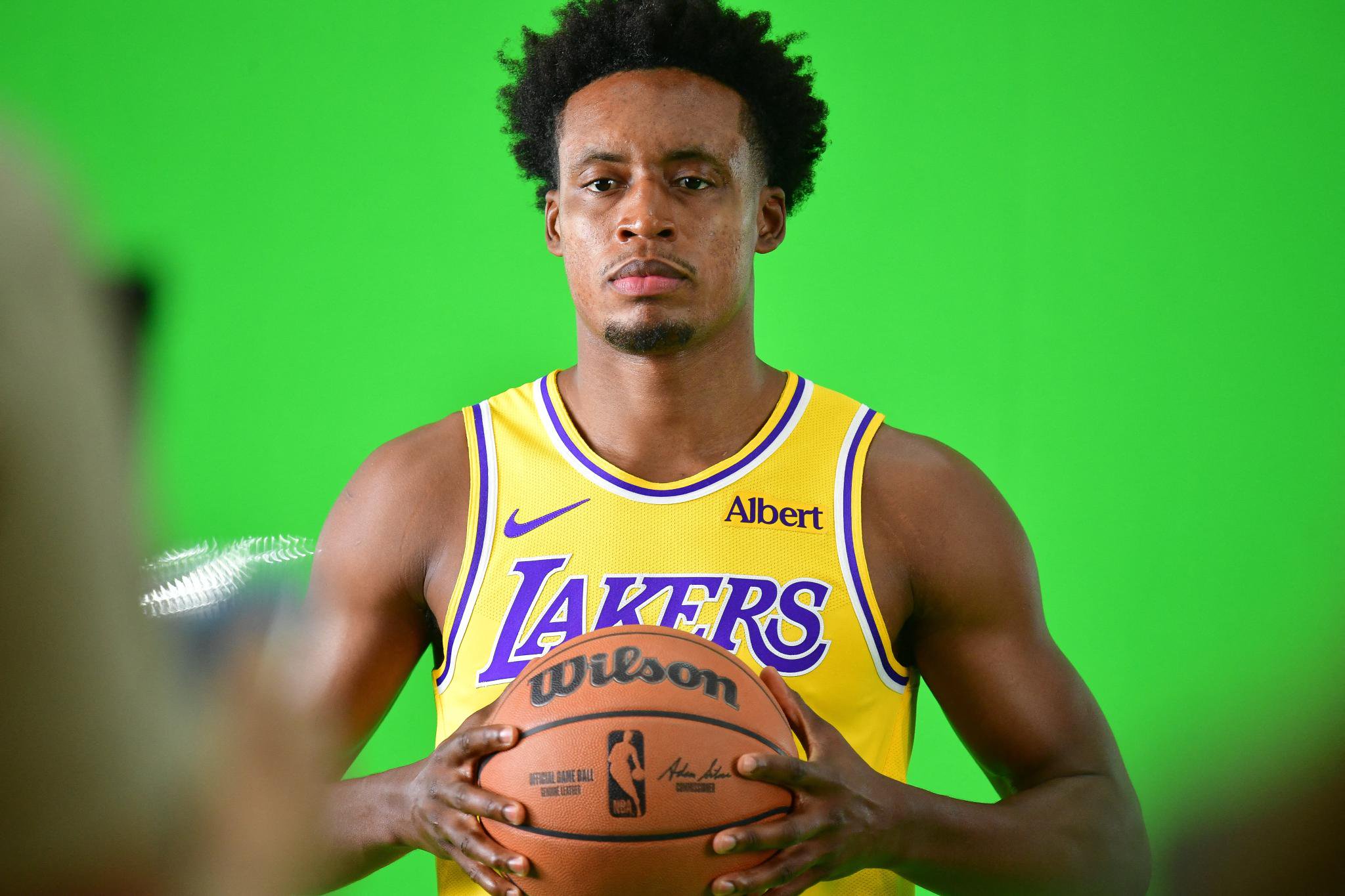Los Angeles Lakers player Collin Sexton (10) poses during media day at the UCLA Health Training Center in El Segundo, Calif., Monday, Sept. 28, 2026.
