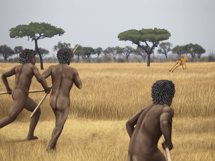 In this illustration three nude men are seen charging towards a buck that is running towards acacia trees. All three men are holding spears.