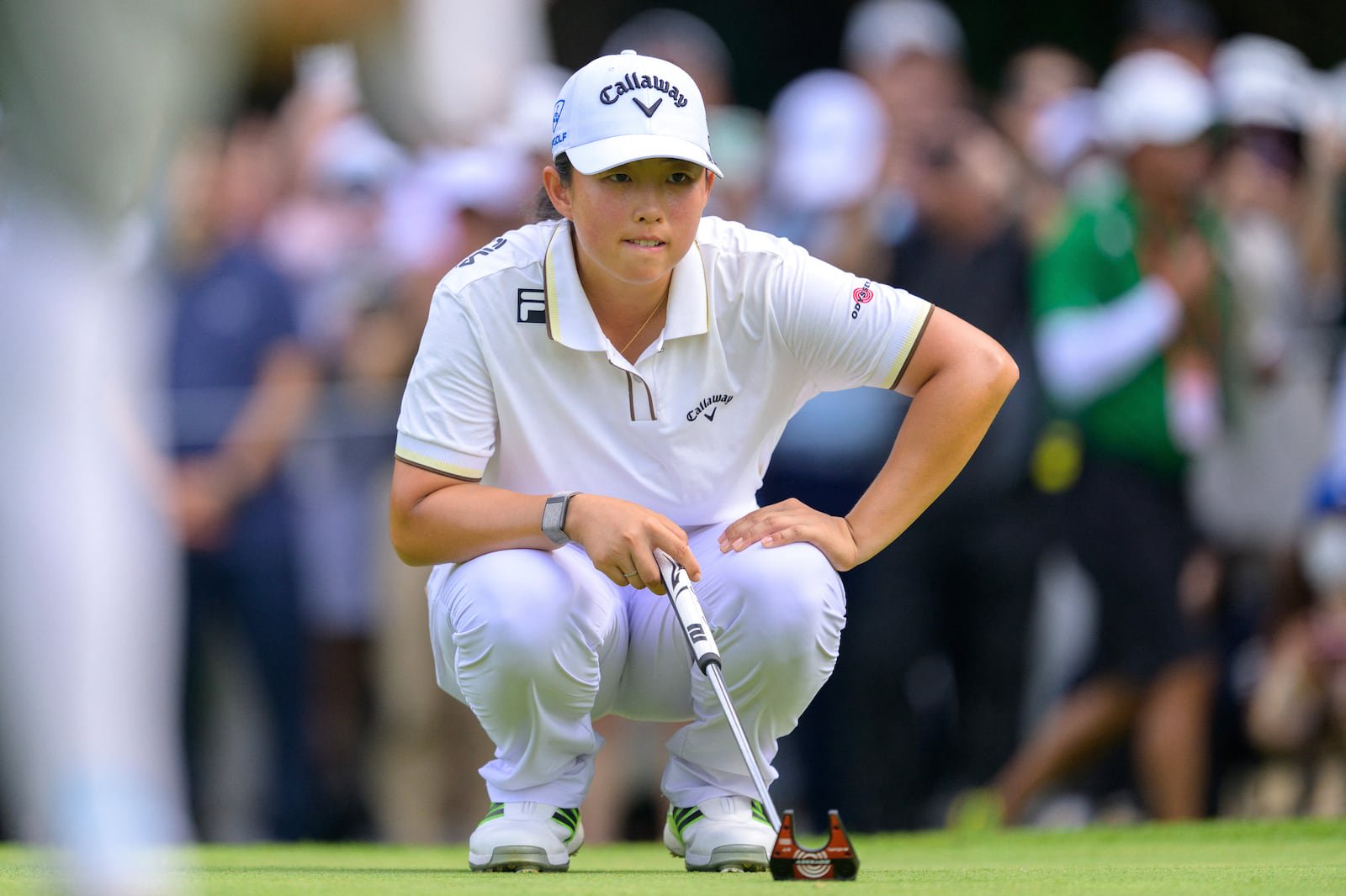 China's Yin Ruoning lines up a putt during the final round of the Buick LPGA Shanghai golf tournament in Shanghai. Photograph: CN-STR/AFP via Getty Images