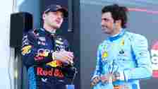 Pole position qualifier Max Verstappen of the Netherlands and Oracle Red Bull Racing and Third placed qualifier Carlos Sainz of Spain and Ferrari t...