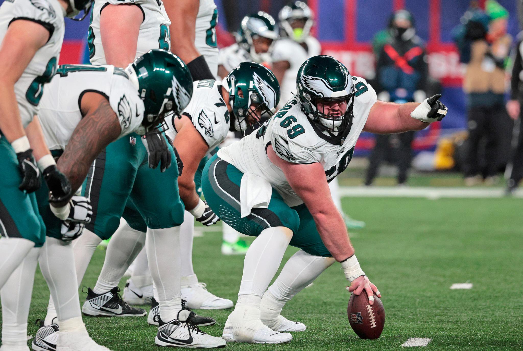 Philadelphia Eagles guard Landon Dickerson (69) sets up for a play during a game against the New York Giants.