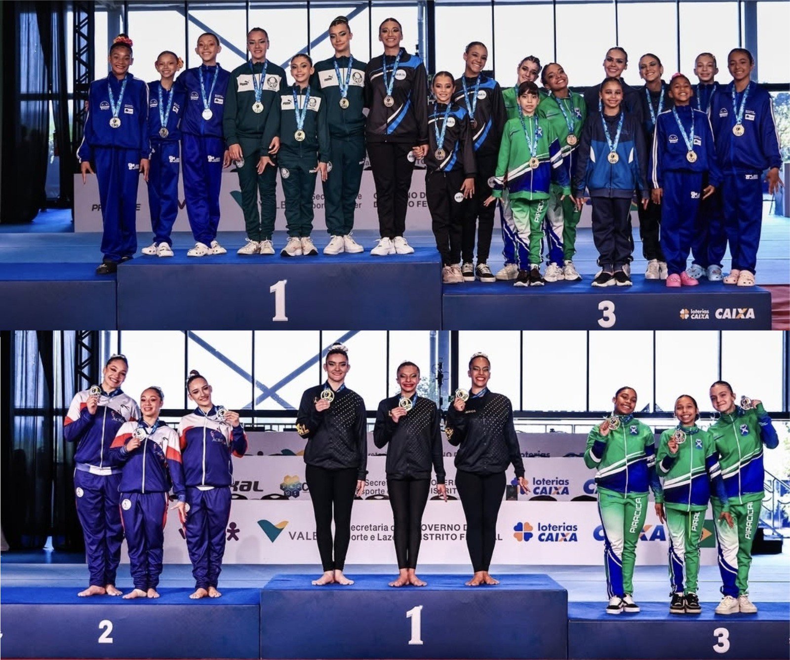 Duas fotografias compostas mostrando os pódios de premiação: no topo, o trio Lorenna, Ana Júlia e Laura no terceiro lugar do Torneio Nacional; abaixo, Sabrina, Giovana e Victória no pódio da categoria Júnior do Campeonato Brasileiro.