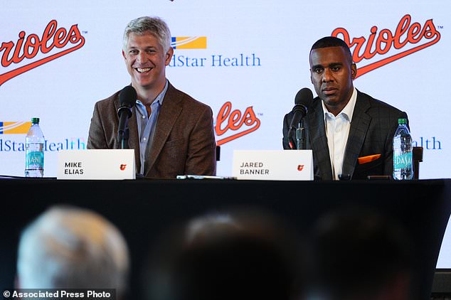 Baltimore Orioles general manager Jared Banner, right, speaks during an introductory press conference with president of baseball operations Mike Elias in Baltimore, Tuesday, Oct. 27, 2026. (AP Photo/Stephanie Scarbrough)