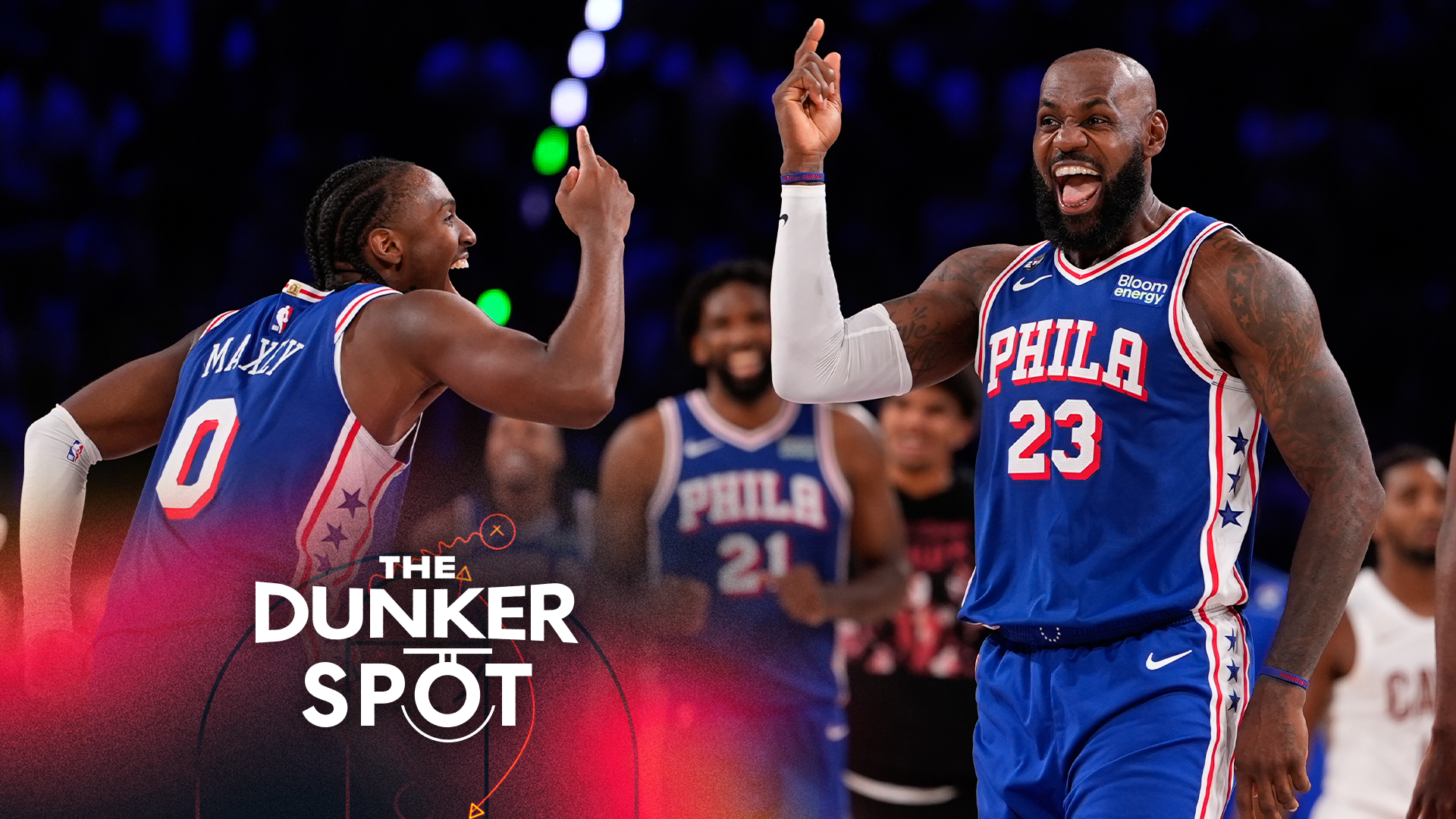 Philadelphia 76ers' LeBron James (23) and Tyrese Maxey (0) celebrate during the second half of an NBA basketball game against the Cleveland Cavaliers Thursday, Oct. 22, 2026, in Philadelphia. (AP Photo/Matt Slocum)