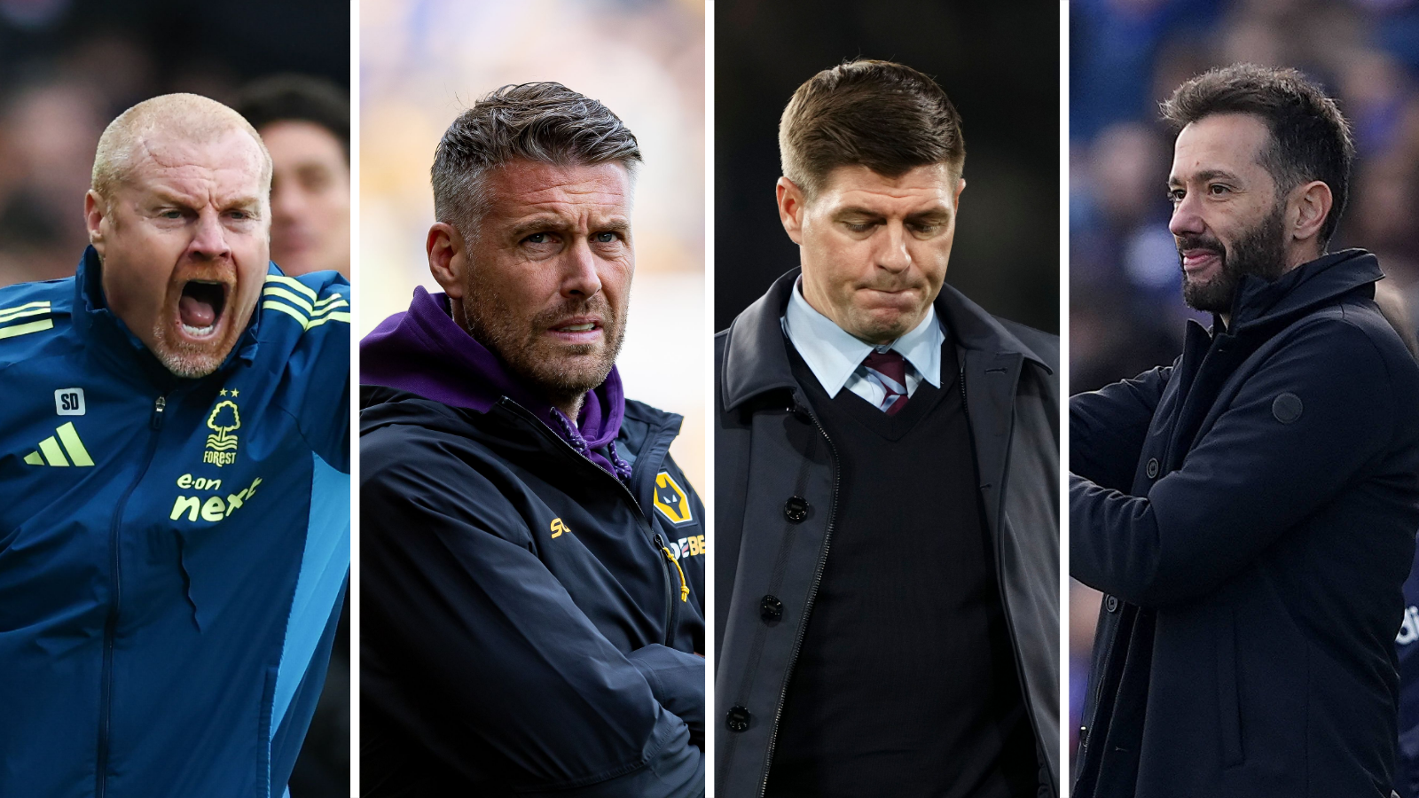Side-by-side images from left to right: Sean Dyche, Rob Edwards, Steven Gerrard and Carlos Corberan