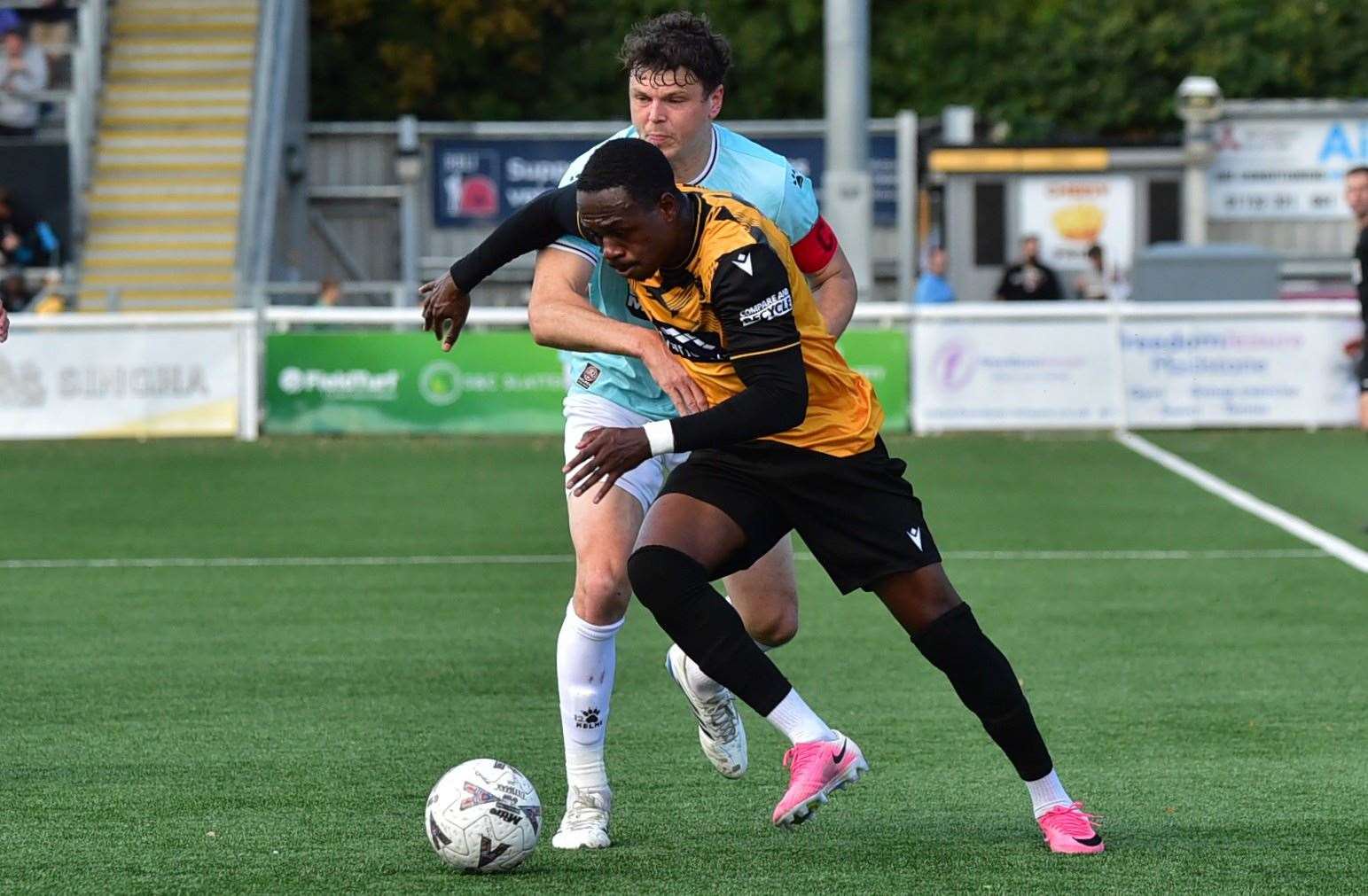 Maidstone forward Ken Charles gets away from his man before testing the keeper. Picture: Steve Terrell