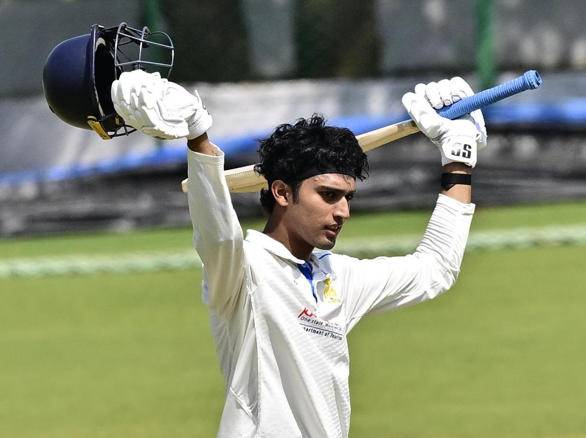 Karnataka's Aneeshwar Gautam&nbsp;after scoring his century on day three of the Ranji Trophy match against Tripura at the Srikantadatta Narasimha Raja Wadiyar ground (Gangotri Glades), Mysuru, on October 28, 2026.