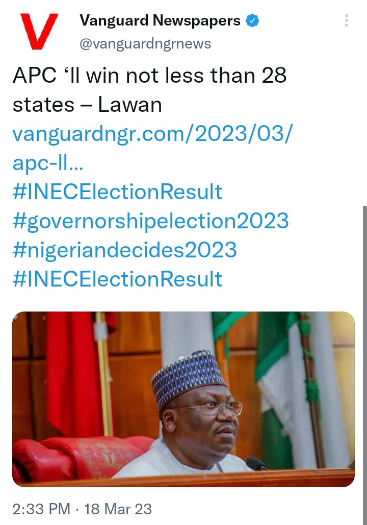 Today's Headlines: APC ‘ll Win Not Less Than 28 States–Lawan, Ex-President Jonathan Condemns Burning Of INEC Centre In Bayelsa
