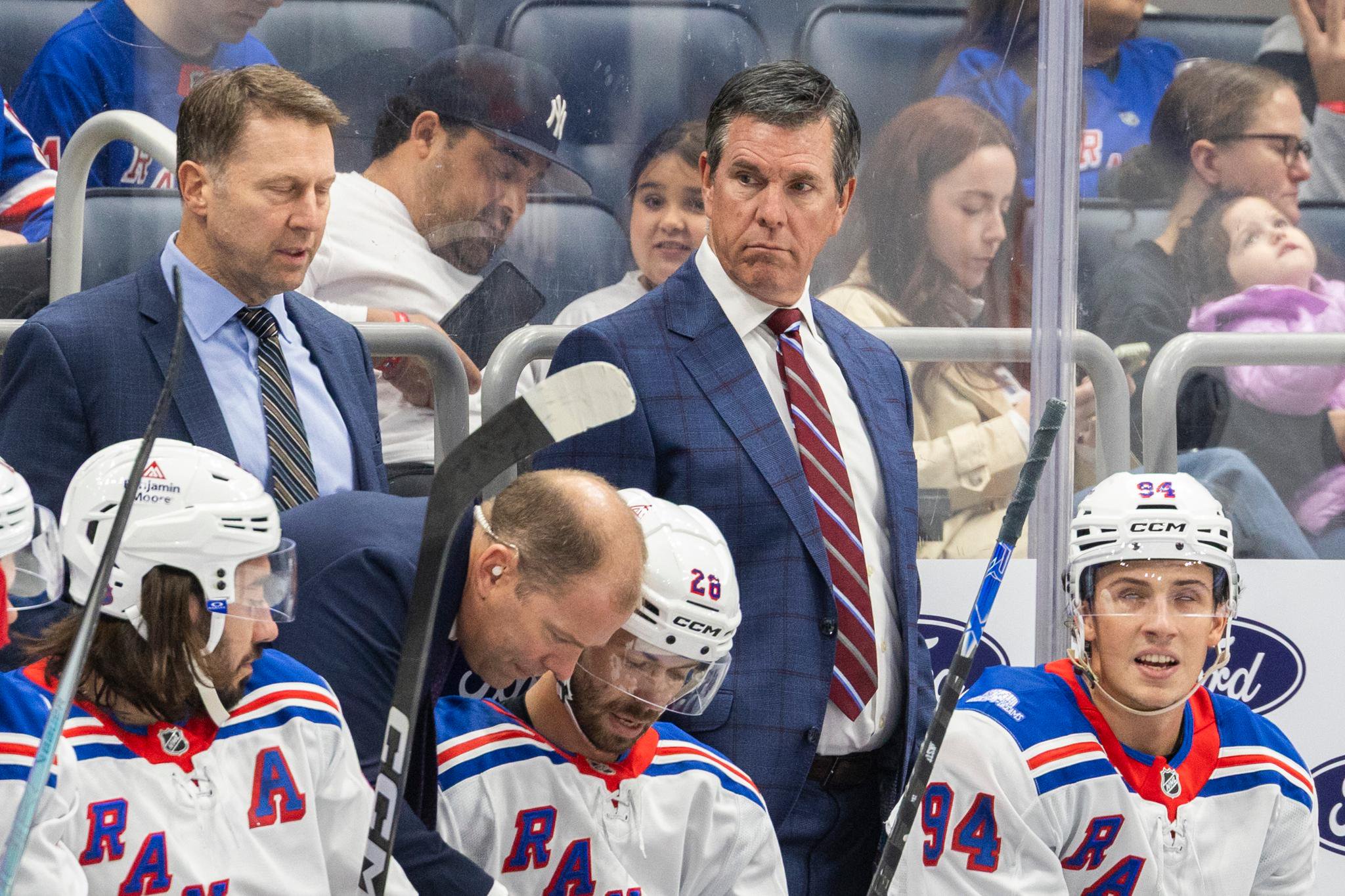 New York Rangers head coach Mike Sullivan looks on during the first period against the New York Islanders at UBS Arena, Friday, Sept. 25, 2026, in Elmont, NY.