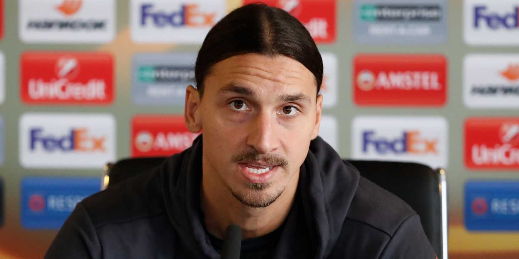 Zlatan Ibrahimovic speaks during a press conference for Manchester United