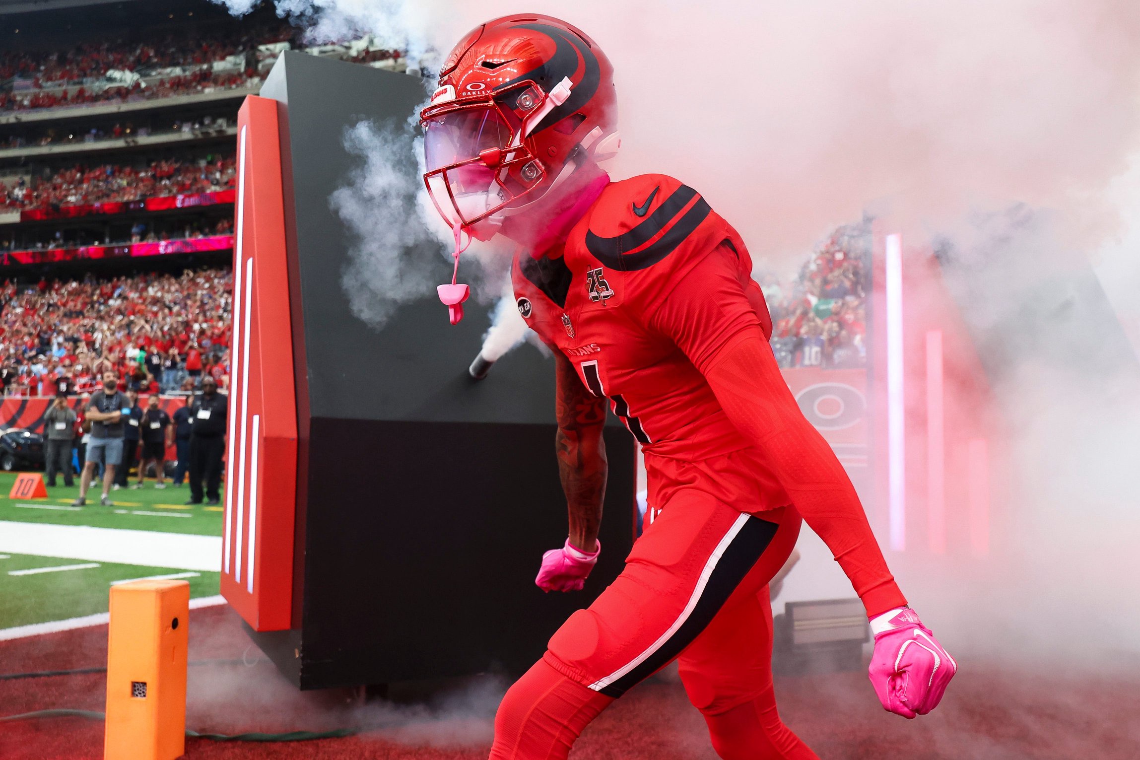 Oct 25, 2026; Houston, Texas, USA; Houston Texans wide receiver Tank Dell (1) runs onto the field before the game against the New York Giants at Reliant Stadium. Mandatory Credit: Troy Taormina-Imagn Images