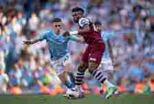 Mohammed Kudus of West Ham United and Phil Foden of Manchester City in action during the Premier League match between Manchester City and West Ham ...