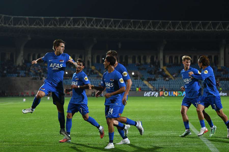 AZ celebrate Valdemar Byskov's (L) goal against Ararat-Armenia