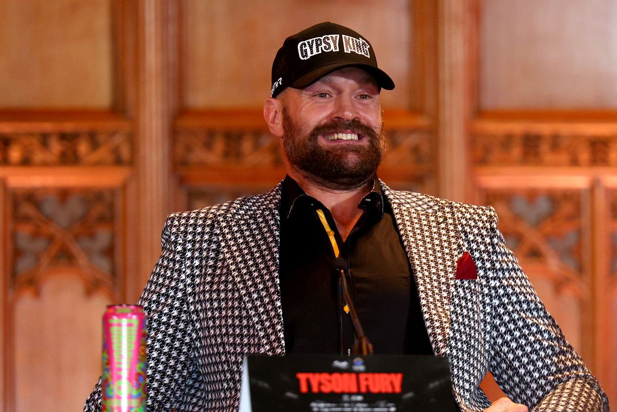 Tyson Fury reacts prior to the Usyk v Fury 2 Press Conference