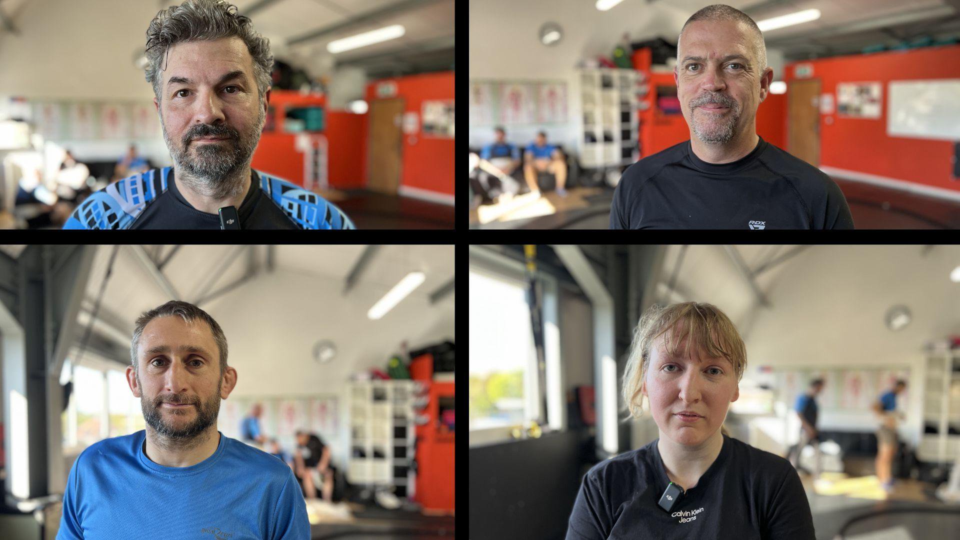 A collage of four people - three men and a woman, all looking at the camera and standing in a gym. They are each wearing sports clothing.