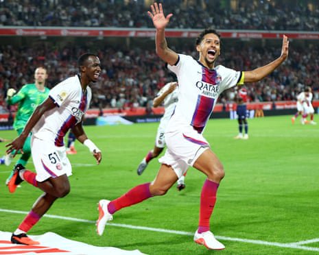Marquinghos celebrates scoring for Paris Saint-Germain