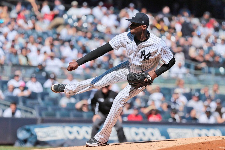 New York Yankees starting pitcher Domingo German #55 throws a pitch during the first inning.