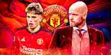 Manchester United winger Alejandro Garnacho in action and boss Erik ten Hag watching on
