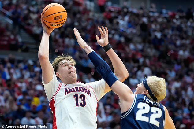 FILE - Arizona center Motiejus Krivas (13) shoots over Utah State forward Karson Templin (22) during the first half of a game in the second round of the NCAA college basketball tournament, March 22, 2026, in San Diego. (AP Photo/Mark J. Terrill, File)