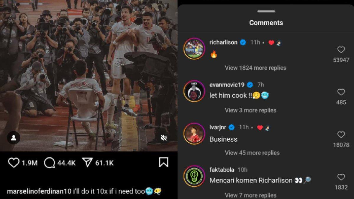 Aksi selebrasi Marselino Ferdinan di laga Timnas Indonesia melawan Arab Saudi (kiri) ternyata ikut dikomentari striker Tottenham Hotspur, Richarlison (kanan).