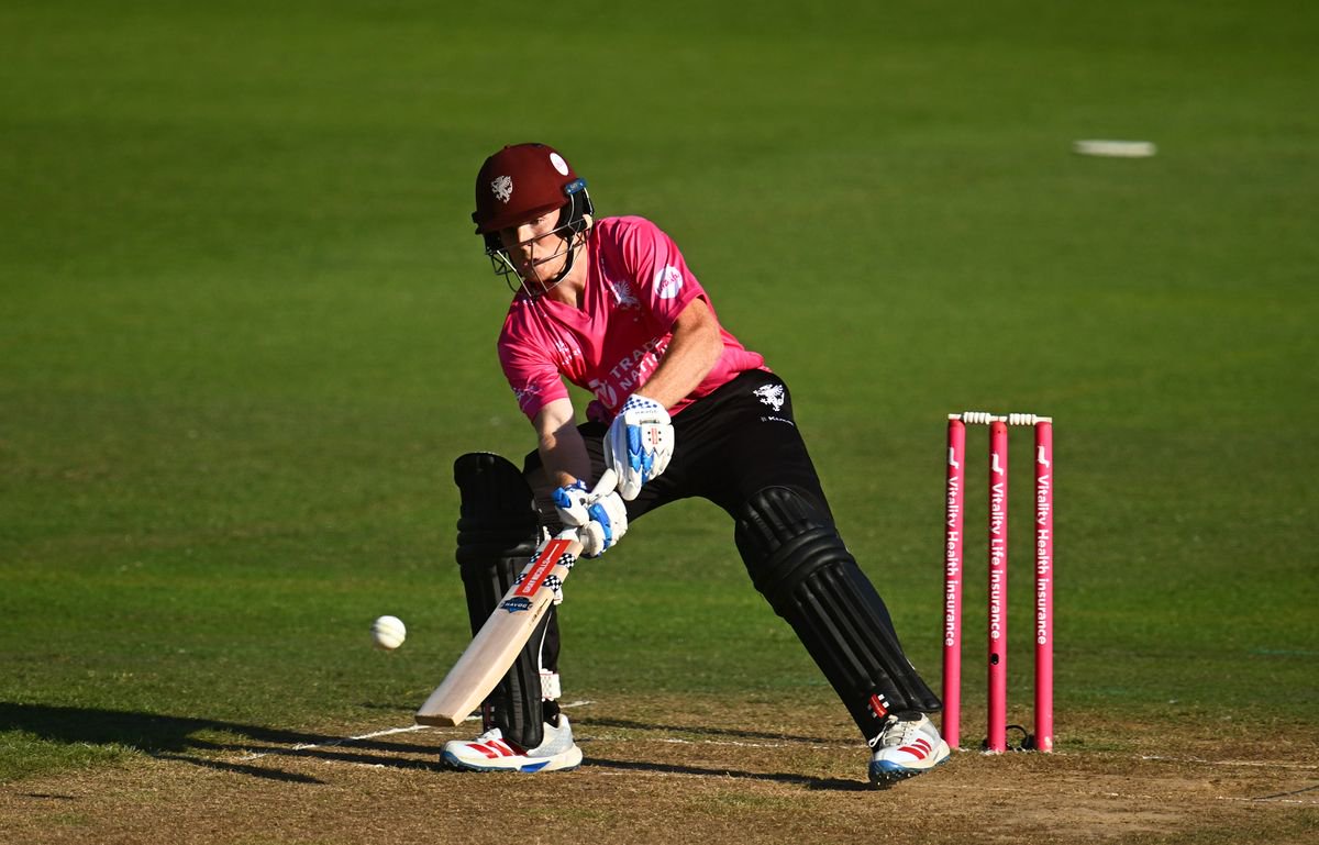 TAUNTON, ENGLAND - JULY 12: Thomas Rew of Somerset plays a shot during the Vitality Blast match between Somerset and Worcestershire Rapids at The Cooper Associates County Ground on July 12, 2026 in Taunton, England. (Photo by Harry Trump/Getty Images)