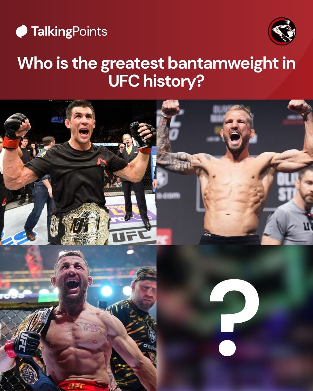 Split image of Dominick Cruz, TJ Dillashaw, and Merab Dvalishvili
