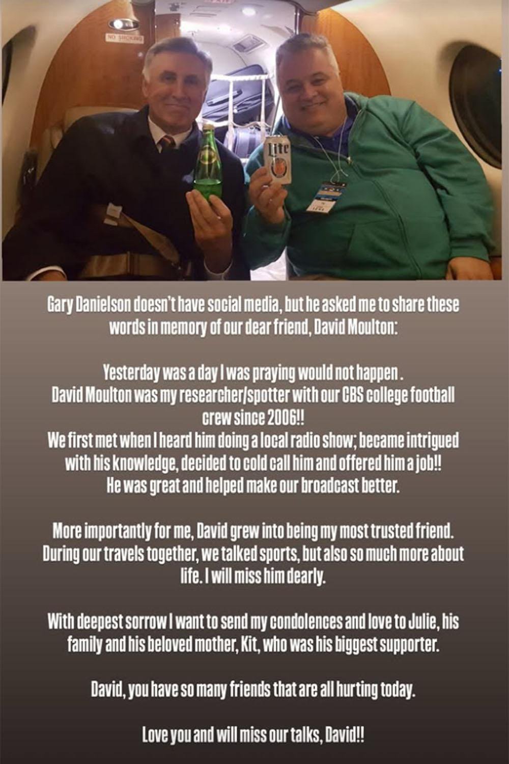 Jenny Dell shared a message from Gary Danielson, who reacted to the death of his former colleague David Moulton.  