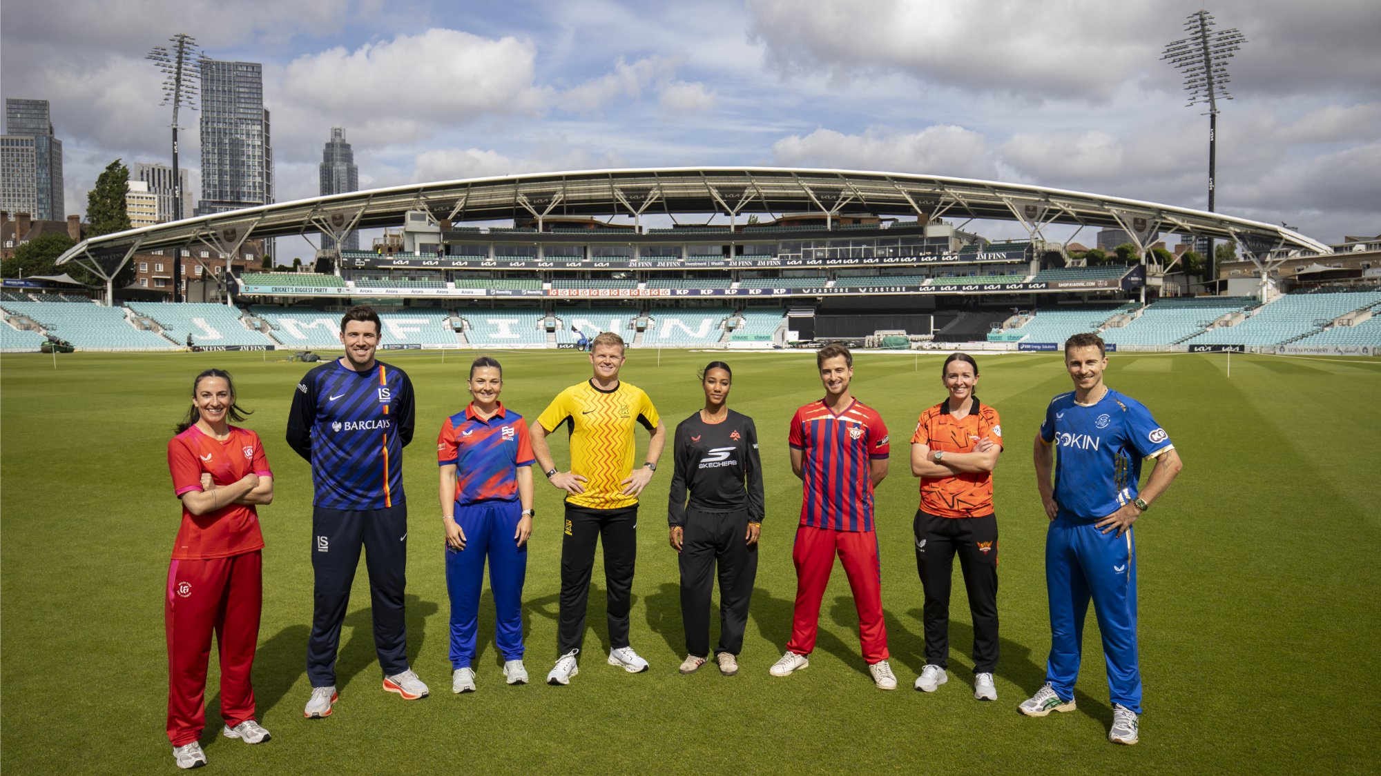 Eight players from The Hundred 2026 cricket tournament line up on the pitch at Lord stadium in London.