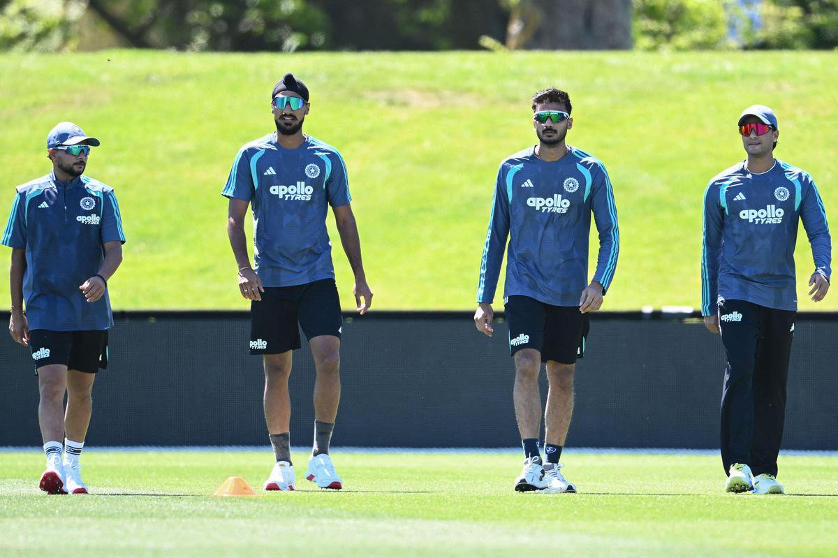 Indian players warm up during a training session ahead of their first T20I against New Zealand.
