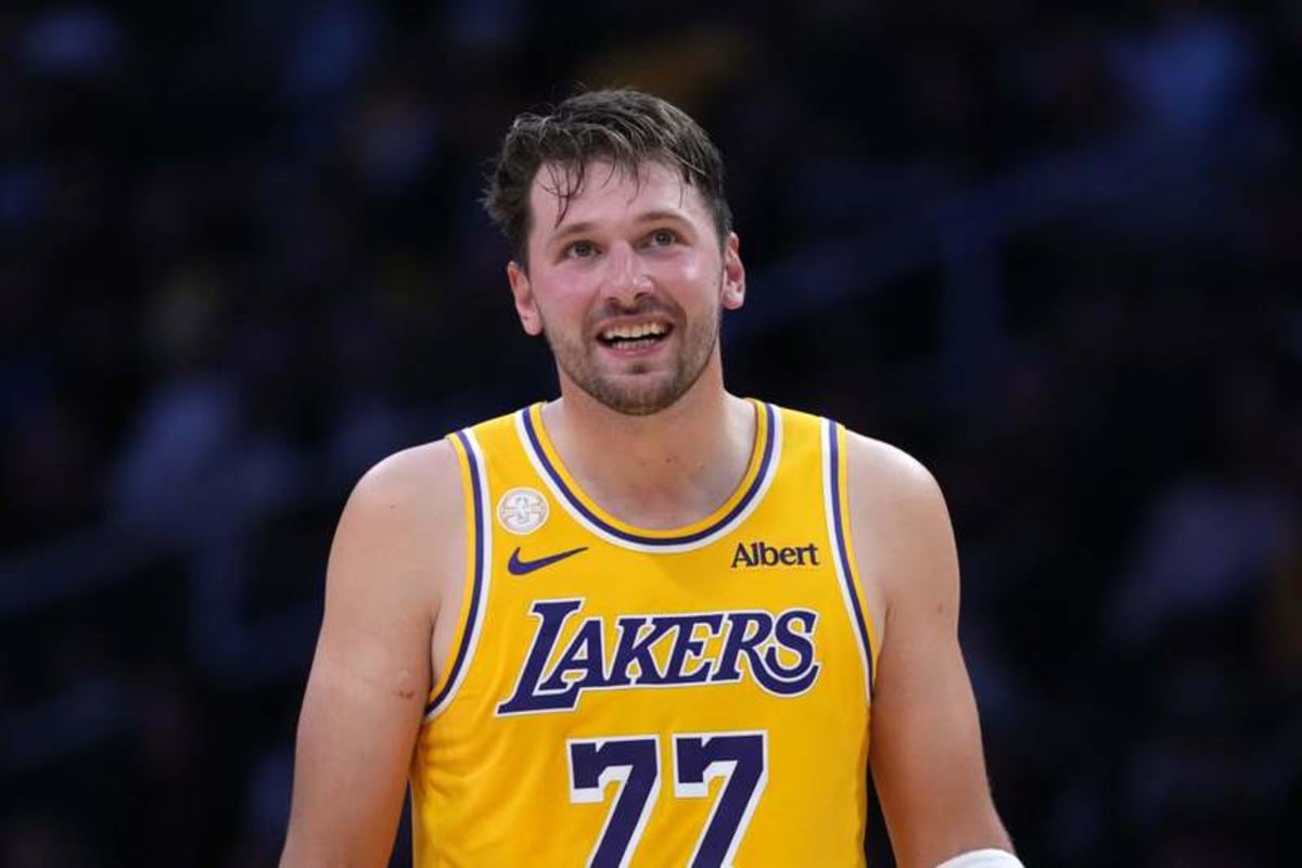 Oct 21, 2026; Los Angeles, California, USA; Los Angeles Lakers guard Luka Doncic (77) reacts against the Golden State Warriors in the first half at Crypto.com Arena. © Kirby Lee-Imagn Images