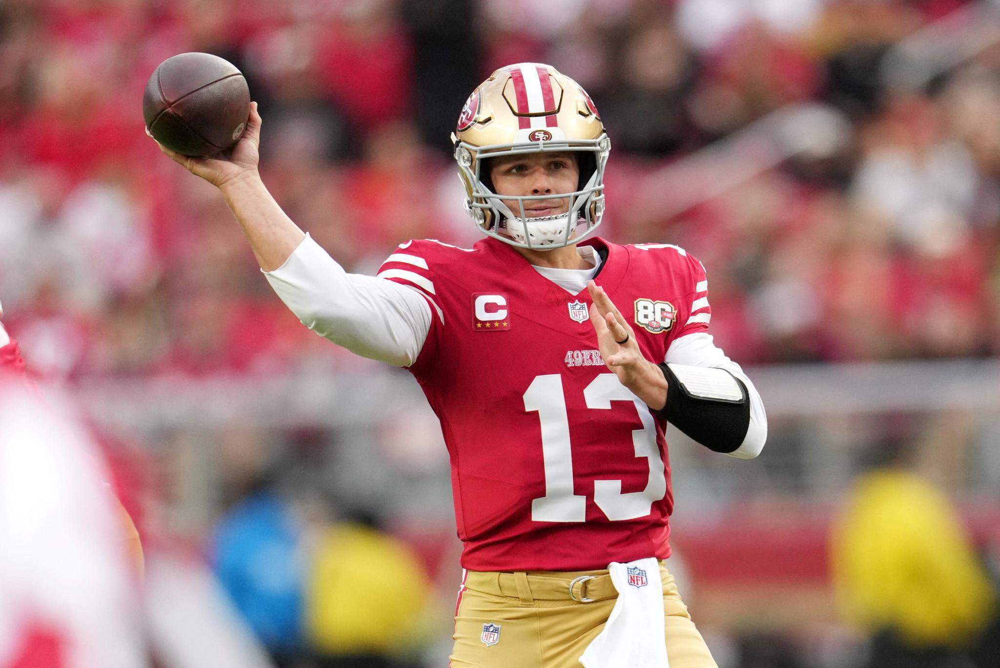 Oct 19, 2026; Santa Clara, California, USA; San Francisco 49ers quarterback Brock Purdy (13) throws a pass during the first quarter Washington Commanders at Levi's Stadium. Mandatory Credit: Cary Edmondson-Imagn Images