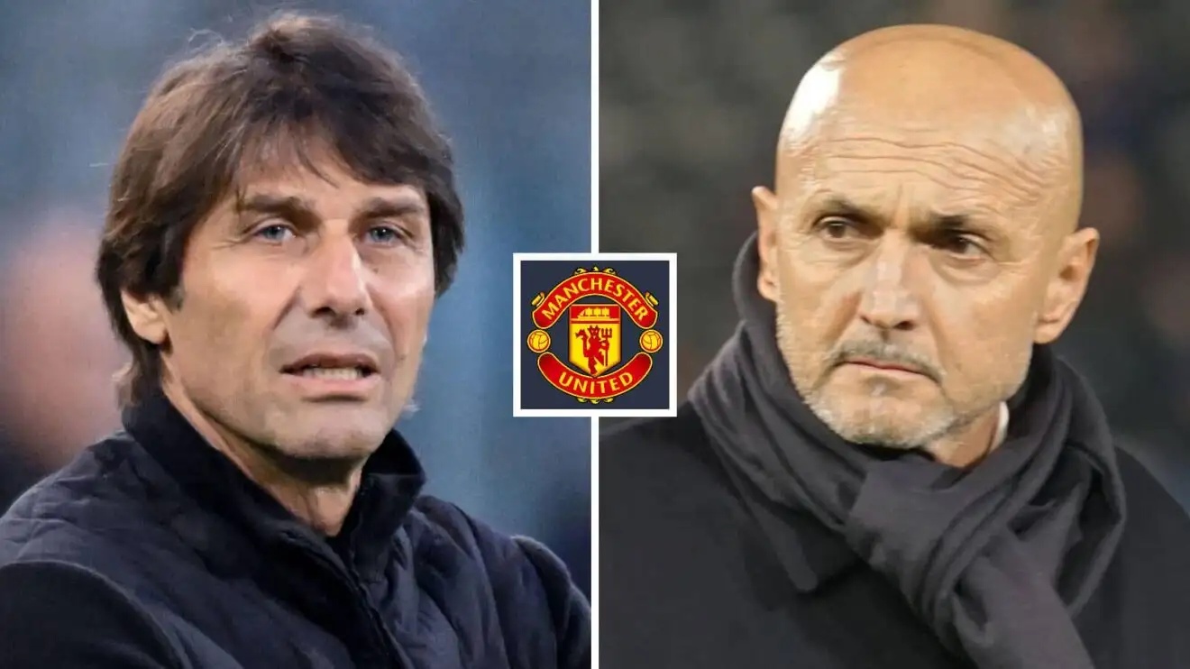Split image of Antonio Conte and Juventus manager Luciano Spalletti, with the Manchester United badge in between - copyright TEAMtalk