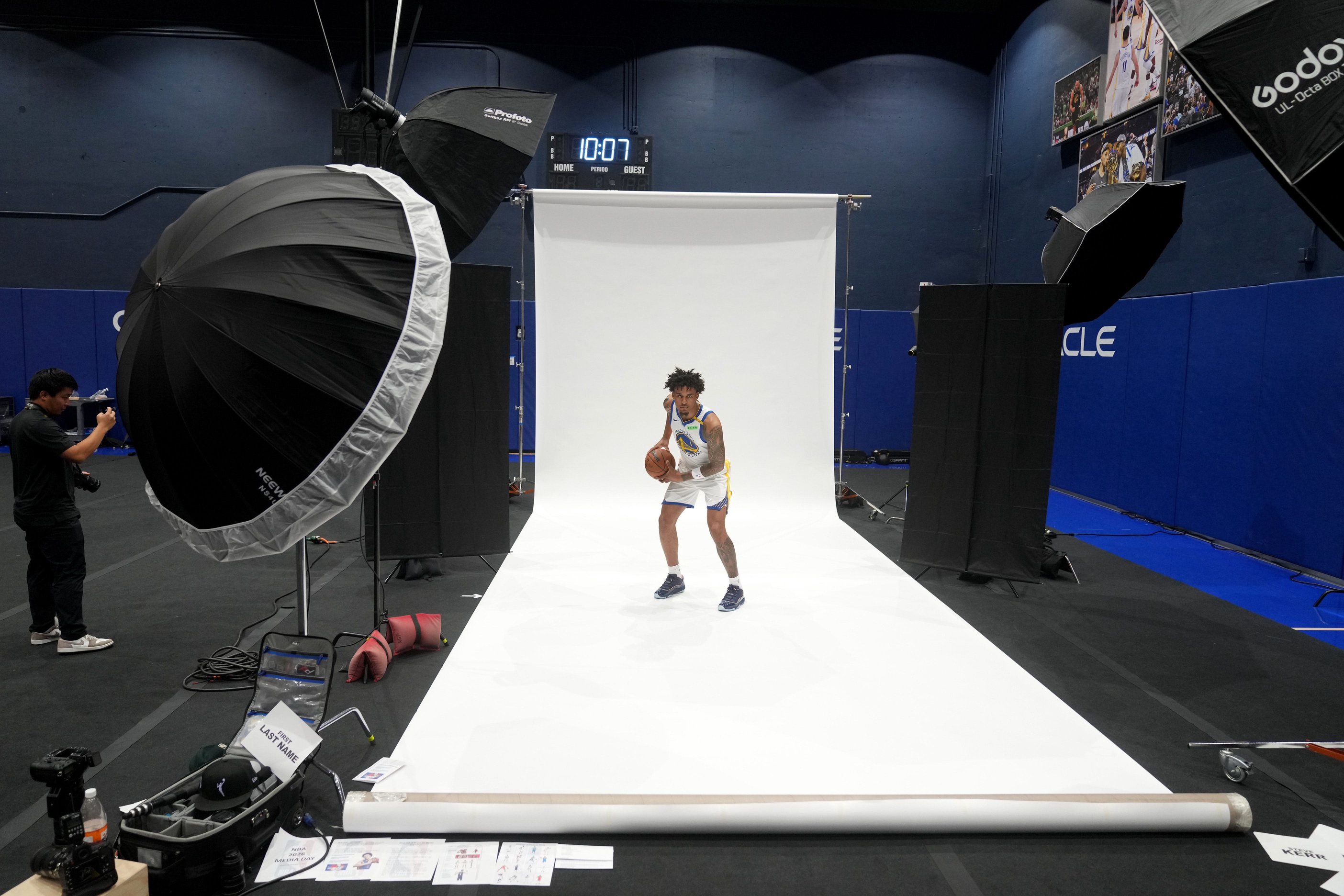 Sep 28, 2026; San Francisco, CA, USA;  Golden State Warriors forward Yaxel Lendeborg (1) poses for a photo during Media Day at the Chase Center.  Mandatory Credit: Cary Edmondson-Imagn Images
