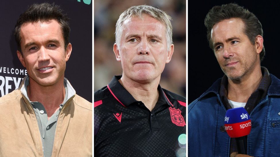 Wrexham co-owner Rob Mac (left), manager Phil Parkinson (centre) and co-owner Ryan Reynolds (right)