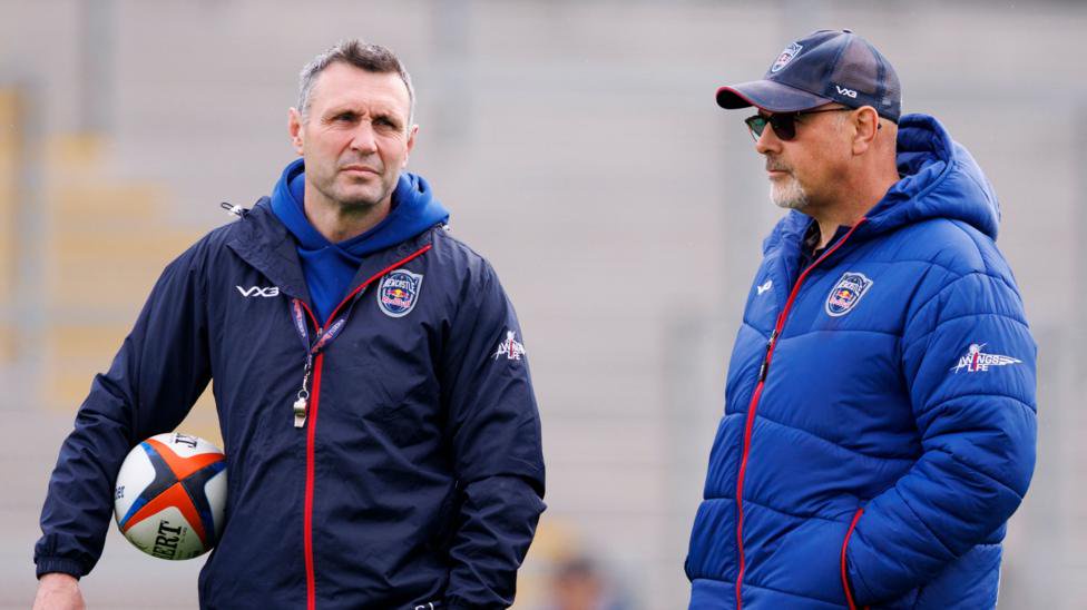 Newcastle Red Bulls attack coach Stephen Jones (left) alongside Dan McFarland ahead of Newcastle's game at Exeter