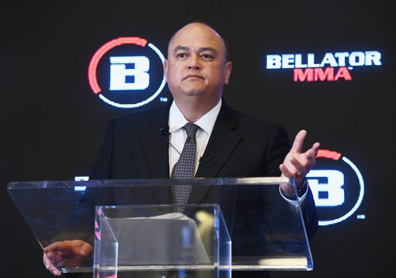 Scott Coker speaks during Bellator-DAZN announcement press conference