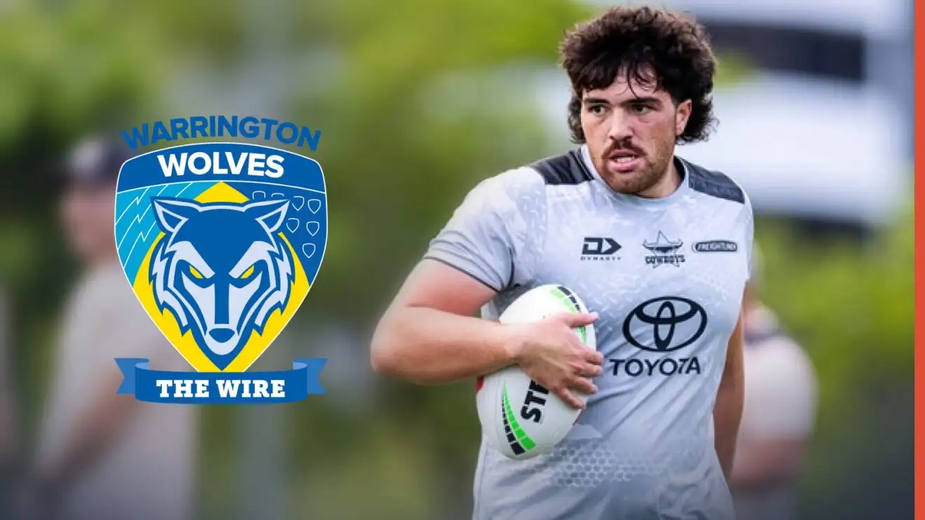 New Warrington Wolves recruit Mitch Prest with the club's badge imposed to his left
