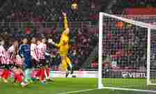 Sunderland goalkeeper Anthony Patterso dives to make a one handed save during the Sky Bet Championship match between Sunderland and Leeds United at...