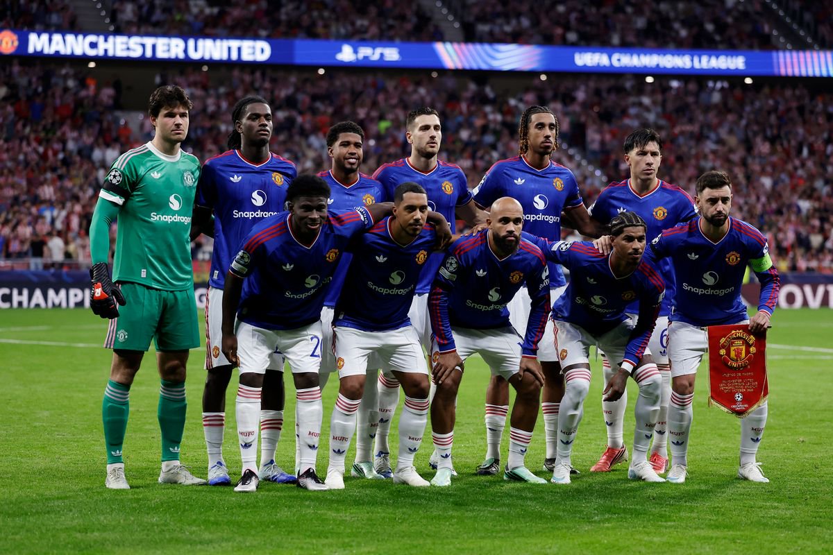 The Manchester United team pose for a pre-match picture ahead of the Champions League clash with Atletico Madrid in October 2026