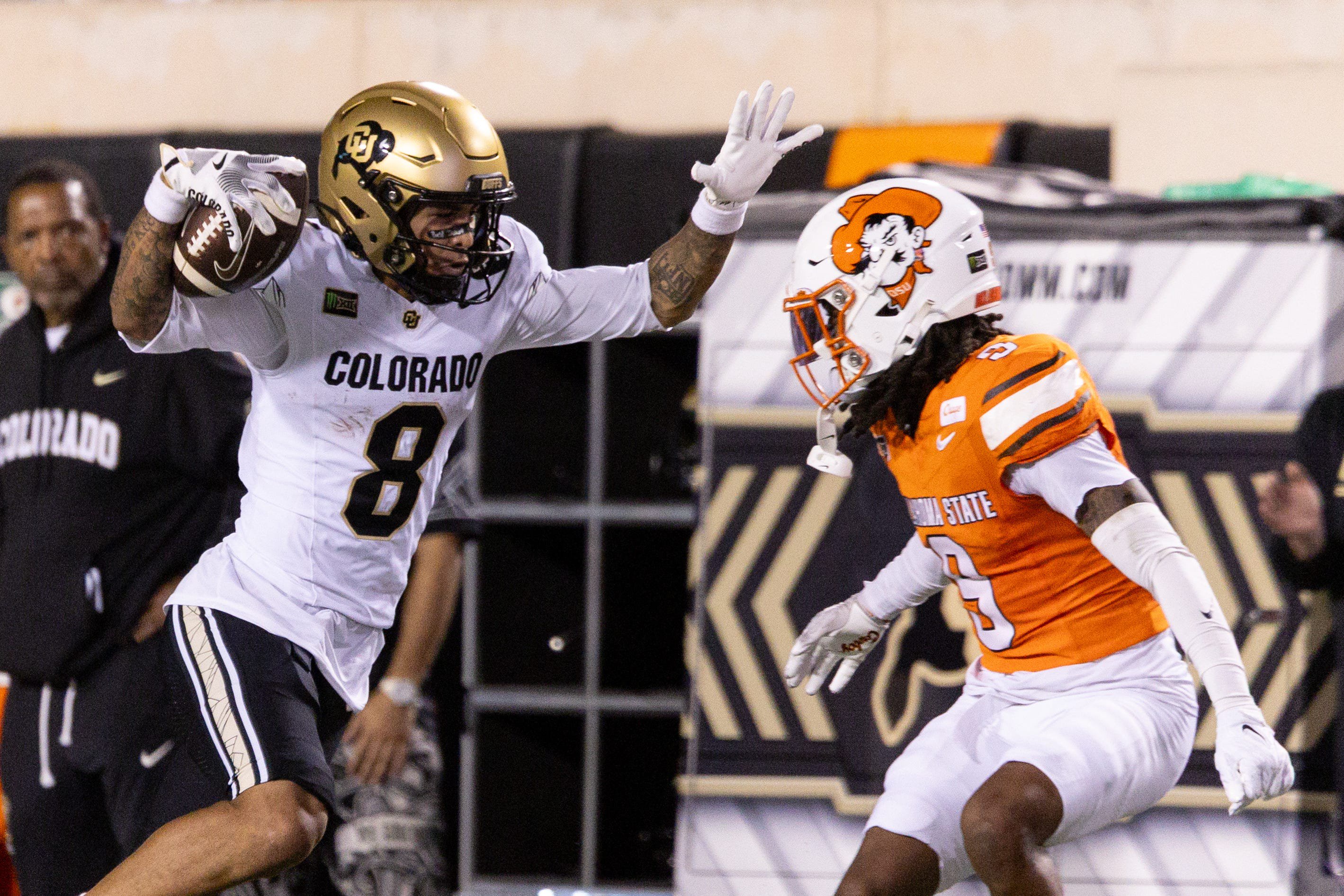 Oct 24, 2026; Stillwater, Oklahoma, USA;  Colorado Buffaloes wide receiver Joseph Williams (8) runs against Oklahoma State Cowboys linebacker Tate Romney (3) during the first half at Boone Pickens Stadium.  Mandatory Credit: William Purnell-Imagn Images