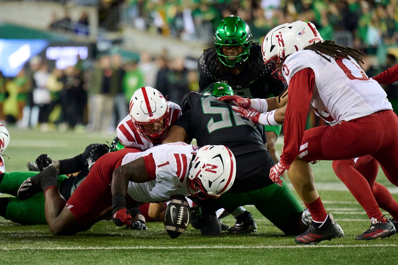 Oct 17, 2026; Eugene, Oregon, USA; Nebraska Cornhuskers defensive lineman Jahsear Whittington (1) recovers a fumble during the first half against the Oregon Ducks at Autzen Stadium. Mandatory Credit: Troy Wayrynen-Imagn Images
