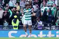 Matt O'Riley of Celtic celebrates scoring his team's third goal during the Scottish Cup Semi Final match between Aberdeen and Celtic at Hampden Par...