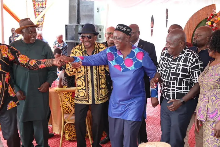 Siaya Governor James Orengo and Siaya Senator Oburu Odinga among other guests dancing during Samantha Luseno and Michael Orengo's traditional marriage on September 9, 2023.