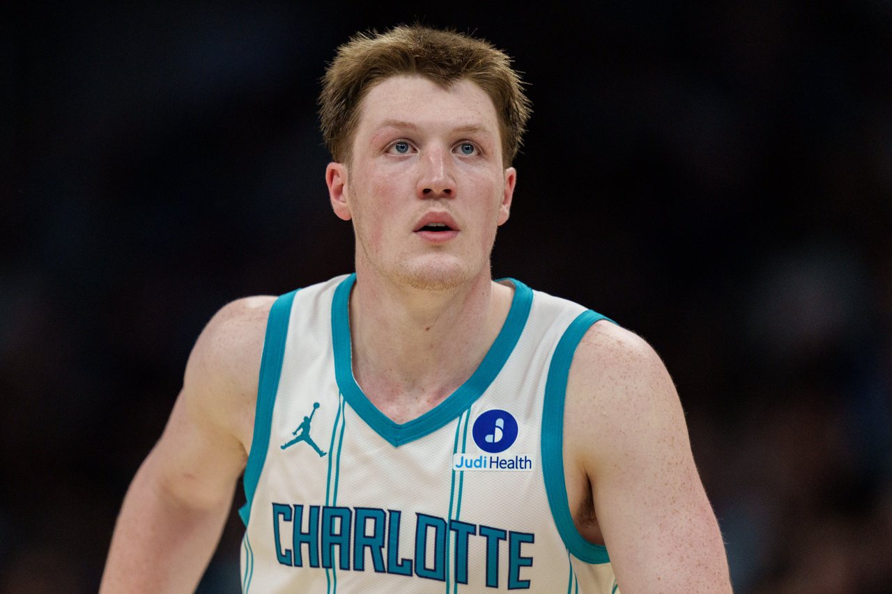 CHARLOTTE, NORTH CAROLINA - APRIL 14: Kon Knueppel #7 of the Charlotte Hornets looks on against the Miami Heat during their game at Spectrum Center on April 14, 2026 in Charlotte, North Carolina. NOTE TO USER: User expressly acknowledges and agrees that, by downloading and or using this photograph, User is consenting to the terms and conditions of the Getty Images License Agreement. (Photo by Jacob Kupferman/Getty Images)