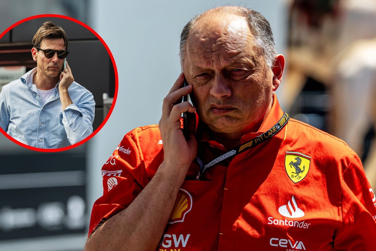 Vasseur in red Ferrari shirt looking annoyed holding phone to his ear with circular inset image of Wolff looking serious on the phone — Photo: © IMAGO