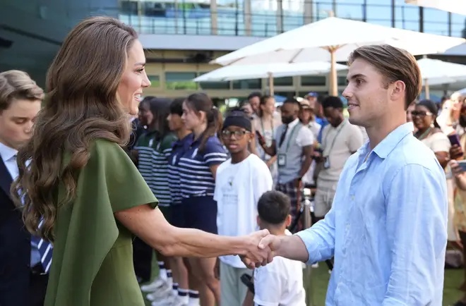 Britain's Catherine, Princess of Wales meets with Britain's semi-finalist Arthur Fery at the 2026 Wimbledon Championships