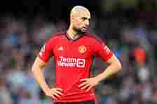 Sofyan Amrabat of Manchester United looks on at full-time following the team's defeat in the Premier League match between Manchester City and Manch...