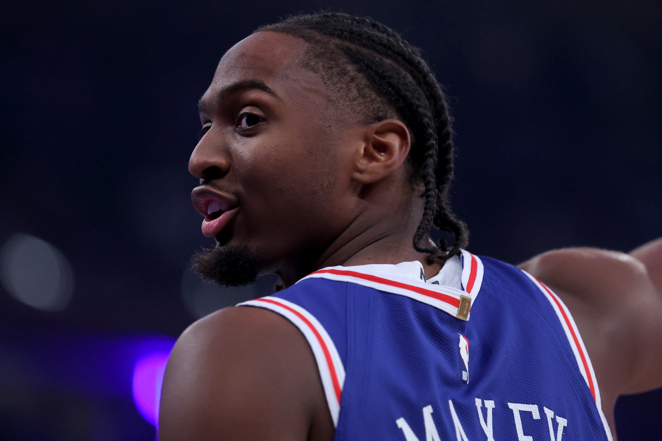 Oct 20, 2026; New York, New York, USA; Philadelphia 76ers guard Tyrese Maxey (0) before the start of an opening night game against the New York Knicks at Madison Square Garden. Mandatory Credit: Brad Penner-Imagn Images