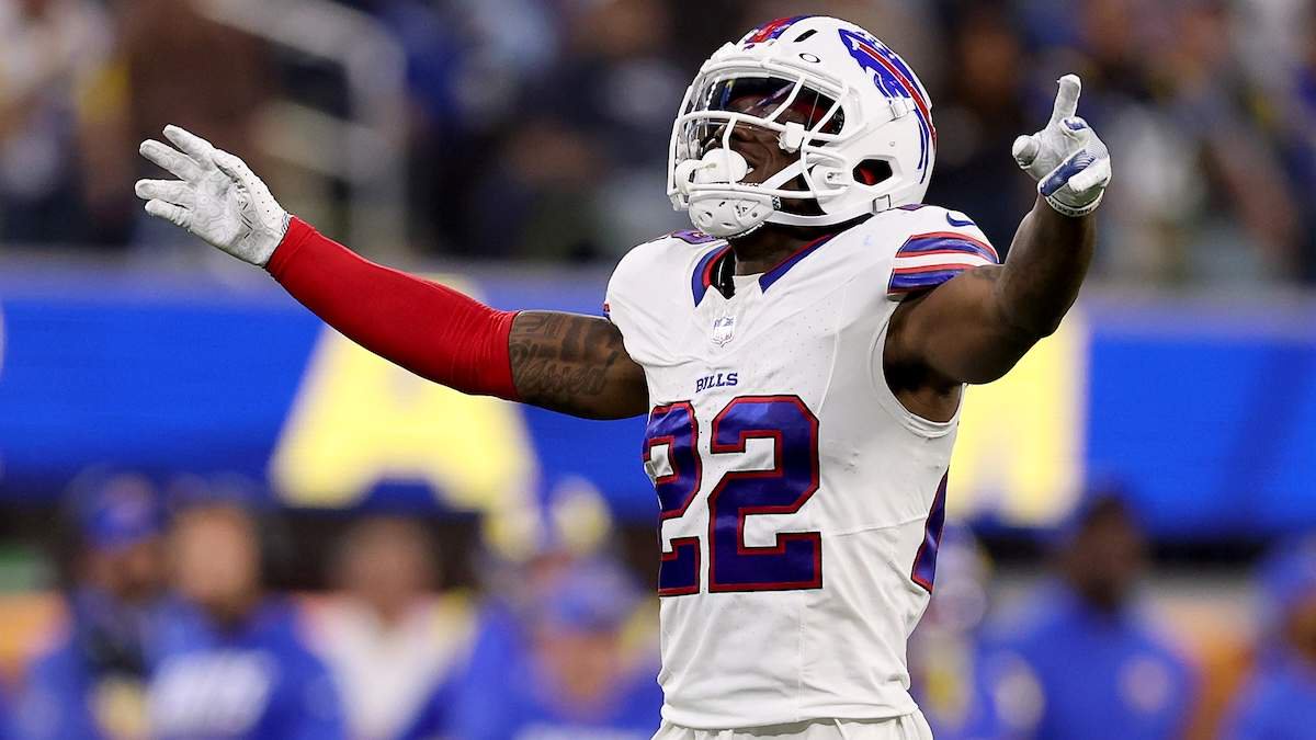 C.J. Gardner-Johnson #22 of the Buffalo Bills celebrates a play
